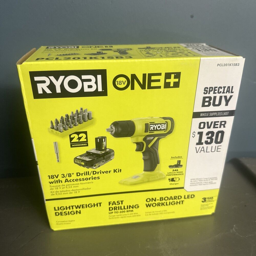NEW Ryobi ONE+ 18V 3/8” Drill Driver Kit PCL201K1SB3 w/ Battery Charger Bits